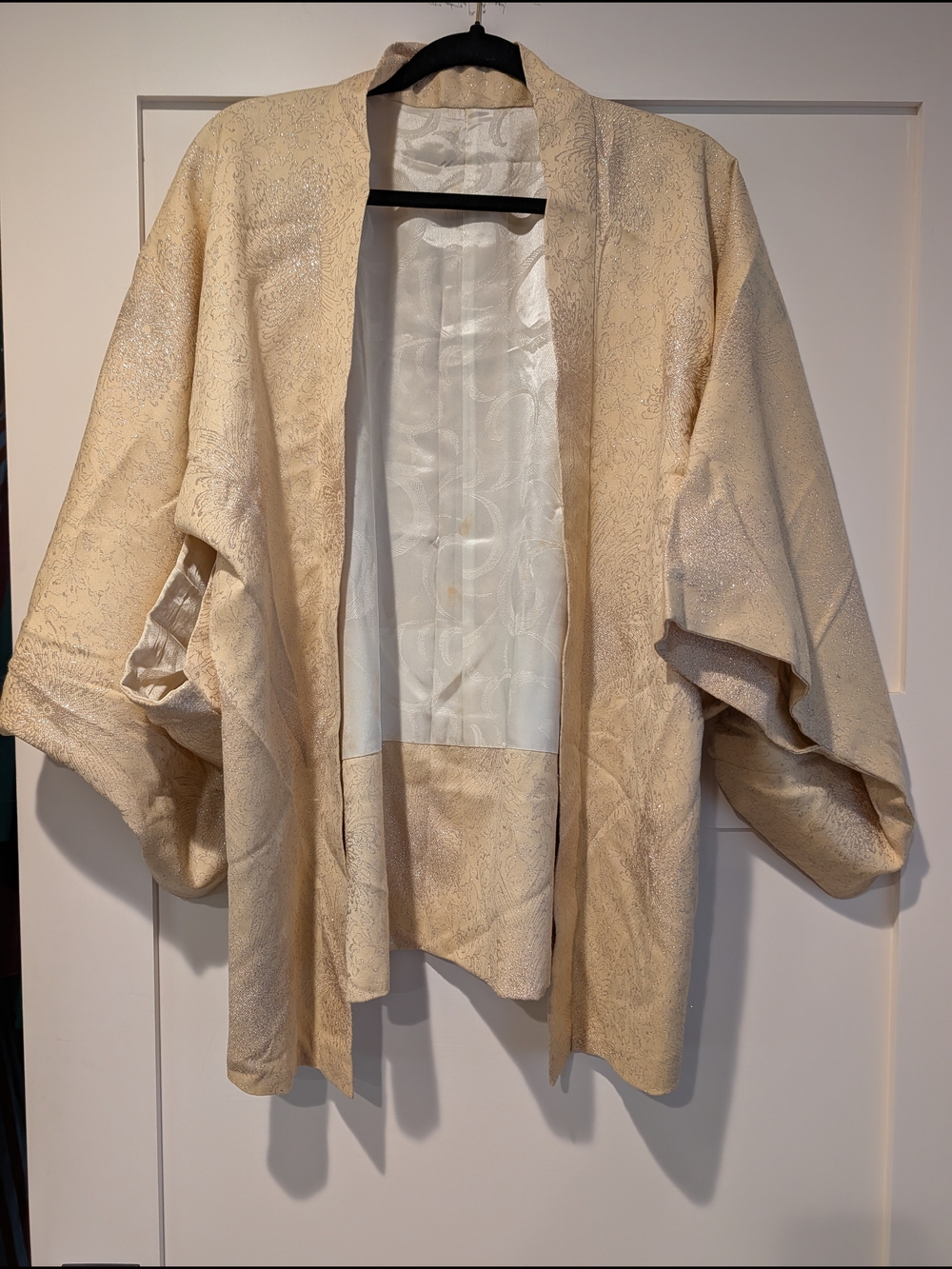 Vintage Cream Kimono Jacket From Japan With Silver Chrysanthemum Detail